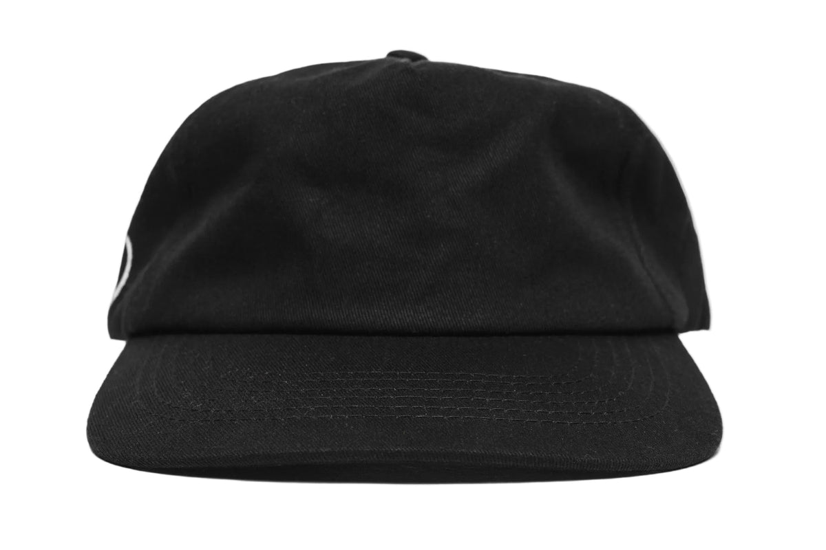 A black low profile five-panel baseball cap with a short brim. 