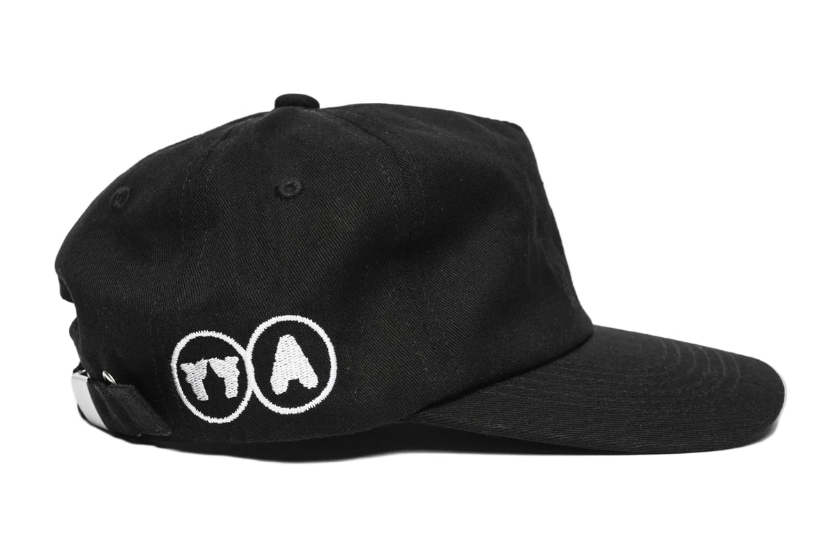 A black low profile five-panel baseball cap with a short brim.