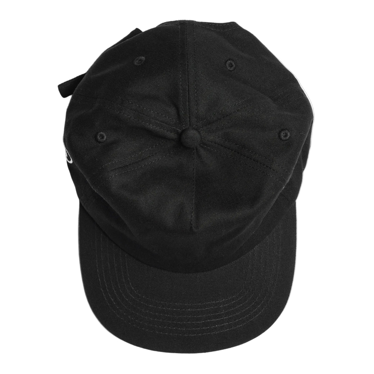 A black low profile five-panel baseball cap with a short brim.