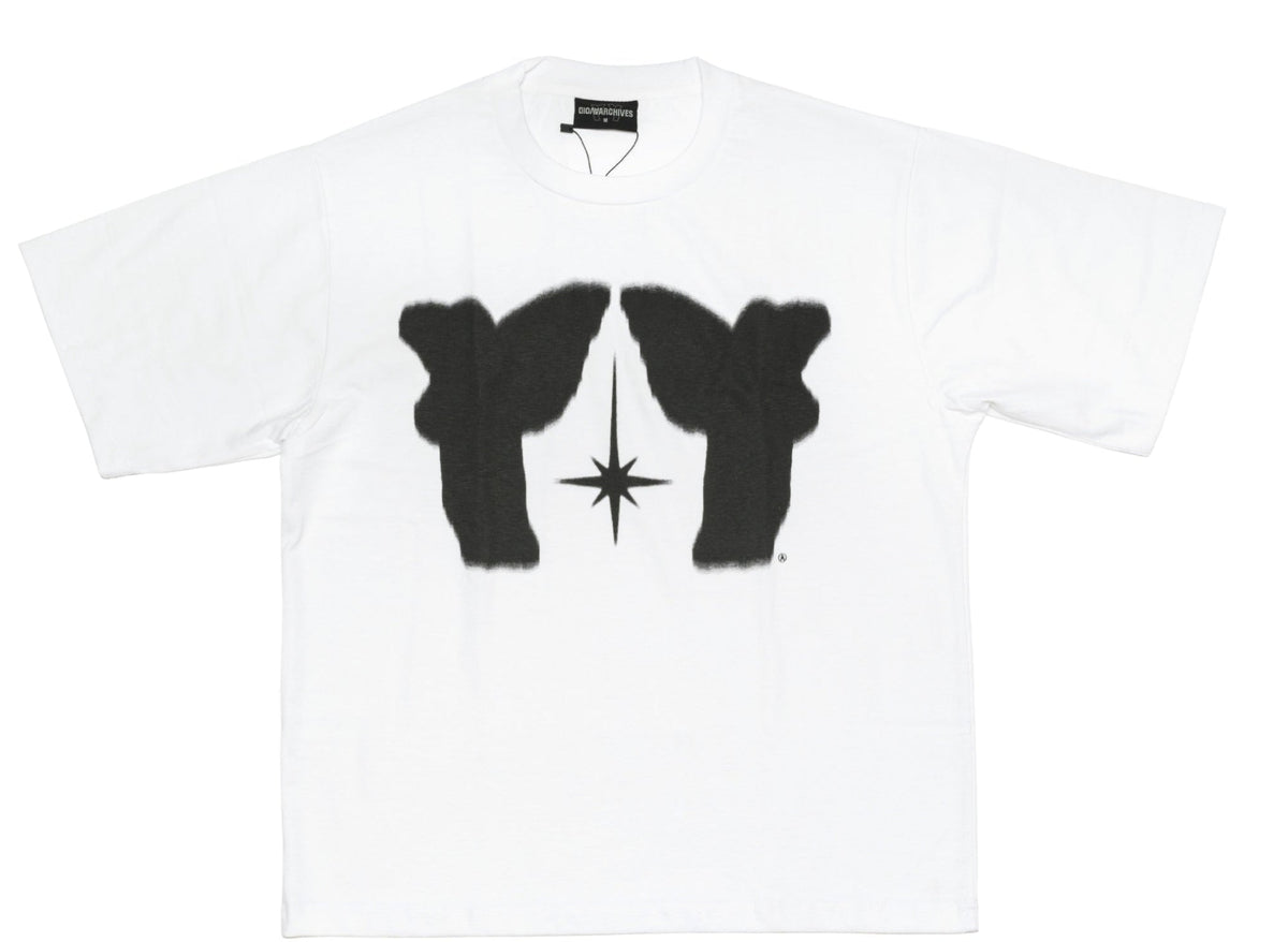 Avoid Twin Angel Tee White – white short-sleeve T-shirt featuring a black mirrored angel graphic with a star in the centre.