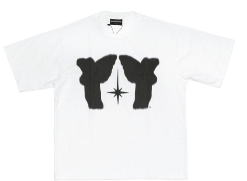 Avoid Twin Angel Tee White – white short-sleeve T-shirt featuring a black mirrored angel graphic with a star in the centre.